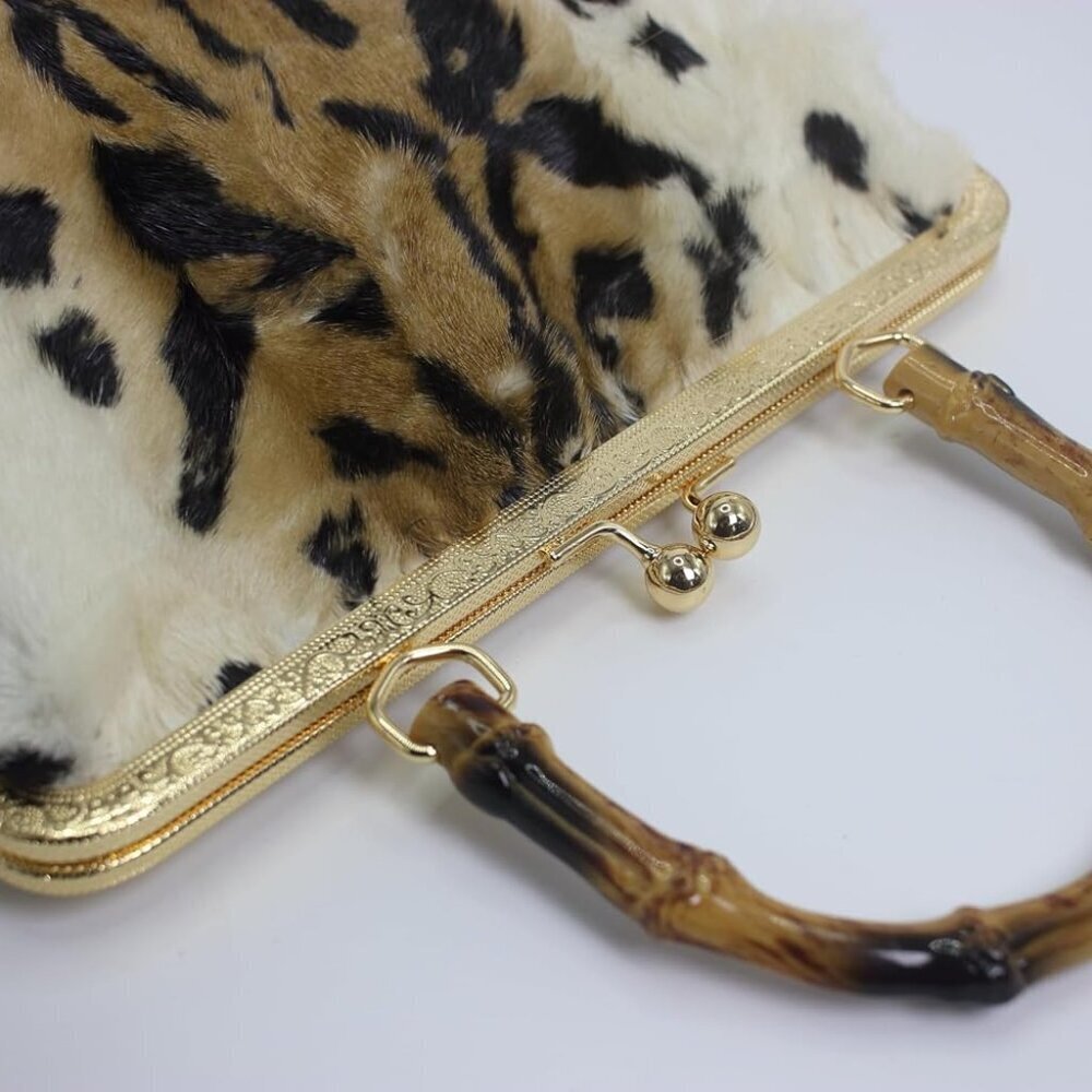 Women's Mink Fur Clutch Animal Print Mini Handbag with Kisslock Closure - Picture 7 of 9